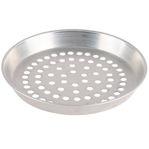 An American Metalcraft silver aluminum pan with holes.