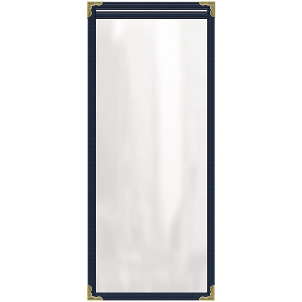 A white rectangular menu cover with gold decorative corners and trim.