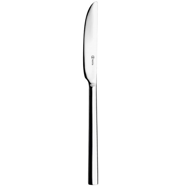 A Sola stainless steel table knife with a silver handle.