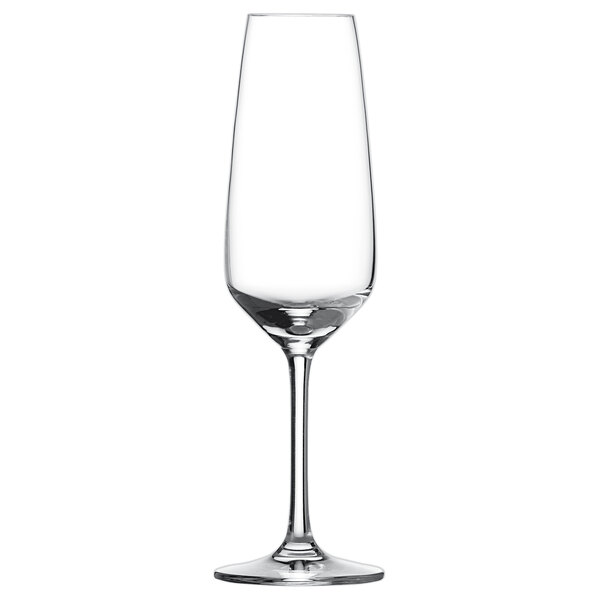 A case of 6 clear Schott Zwiesel flute wine glasses with long stems on a white background.