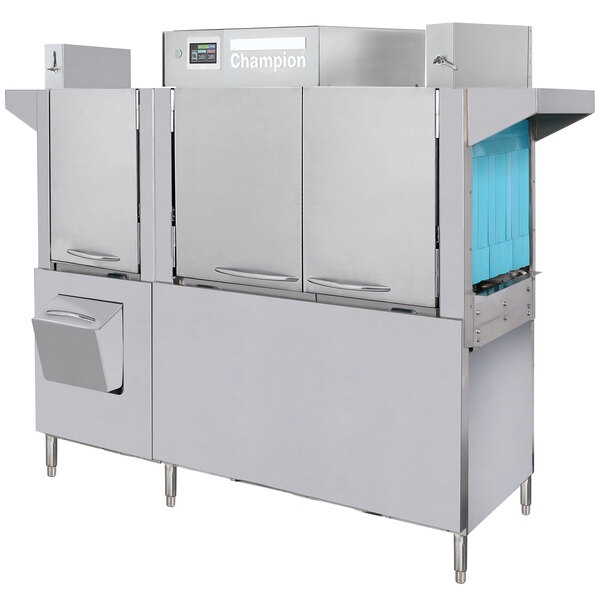 A large grey Champion conveyor dishwasher with a blue door and black lines.