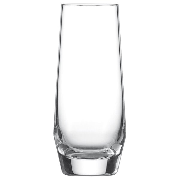 A Schott Zwiesel stemless flute glass with a clear liquid inside.