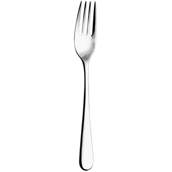 A close-up of a Sola stainless steel dessert fork with a silver handle.