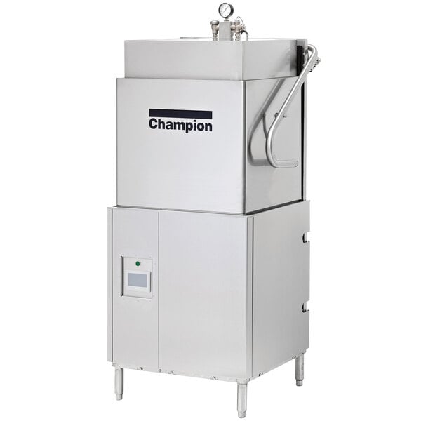 A large stainless steel Champion door-type dishwashing machine.