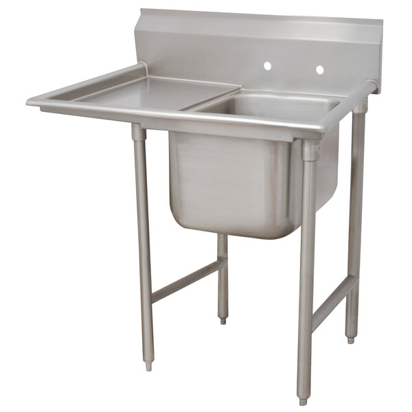 A stainless steel Advance Tabco dishtable with a sink on the left and two bowls.