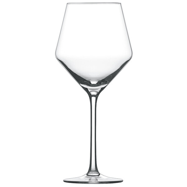 A close up of a clear Schott Zwiesel Pure Beaujolais wine glass with a long stem.