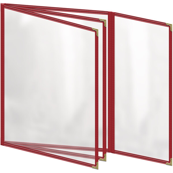 A red H. Risch, Inc. menu cover with gold corners and a gloss finish with white rectangular frames.