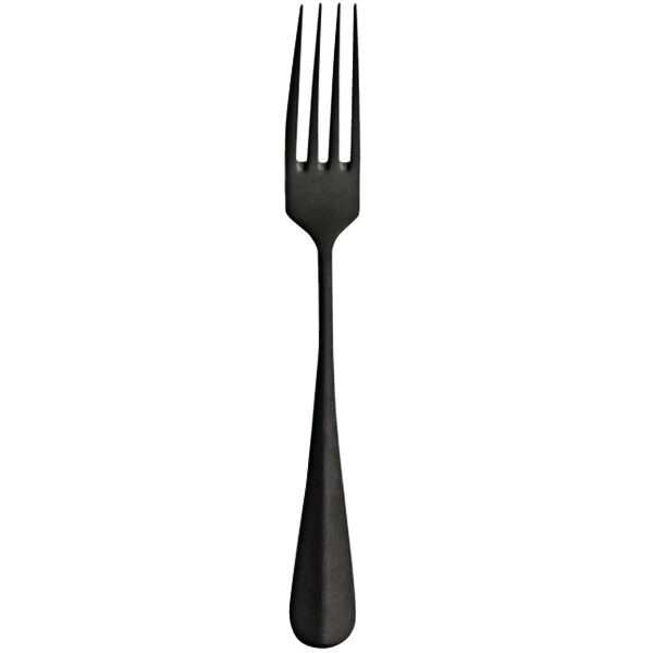 A black Sola Baguette dessert fork with a white background.
