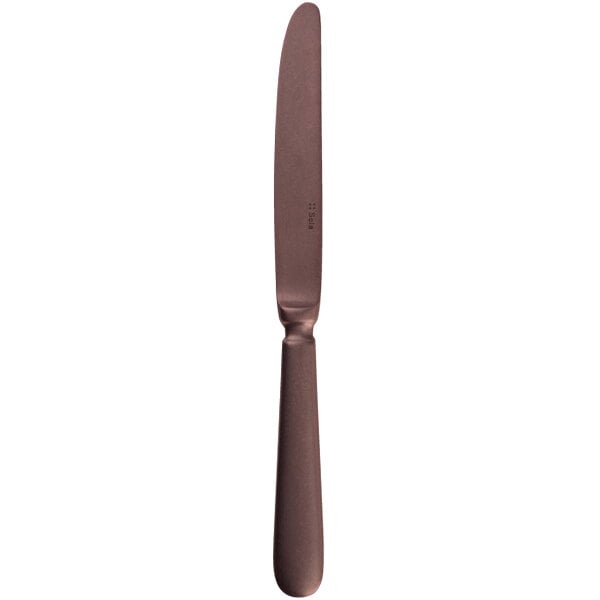 An 18/10 stainless steel dessert knife with a brown handle.