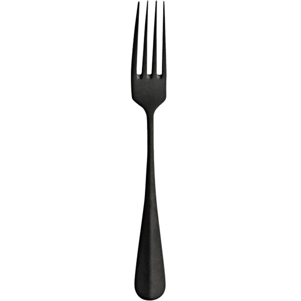 A black fork with a white background.