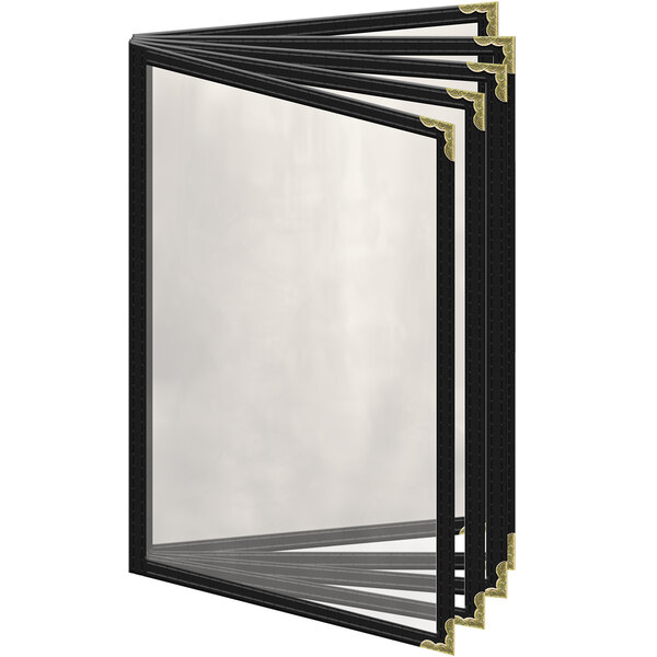 A black rectangular H. Risch vinyl menu cover with gold decorative corners and a gold rectangular object inside.