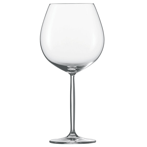 A full shot of a Schott Zwiesel Diva clear wine glass with a long stem.