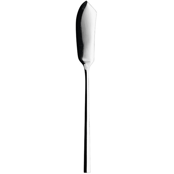 A stainless steel Sola fish knife with a long white handle.
