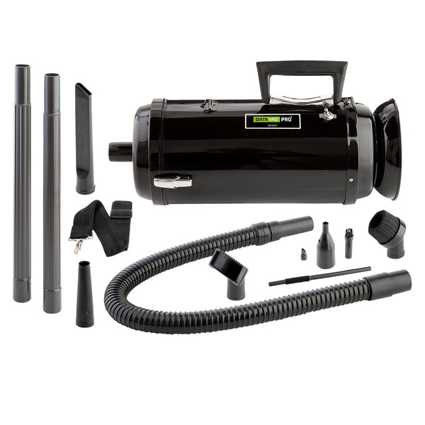 A black MetroVac handheld toner vacuum with hoses and attachments.