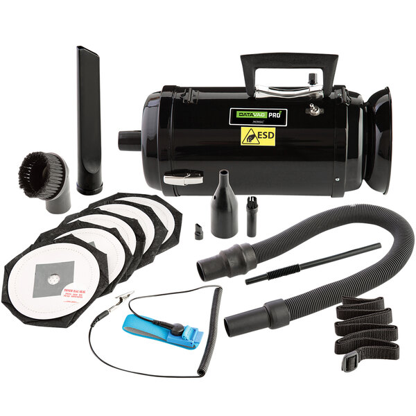 A MetroVac DataVac anti-static handheld vacuum cleaner with accessories and carrying case.