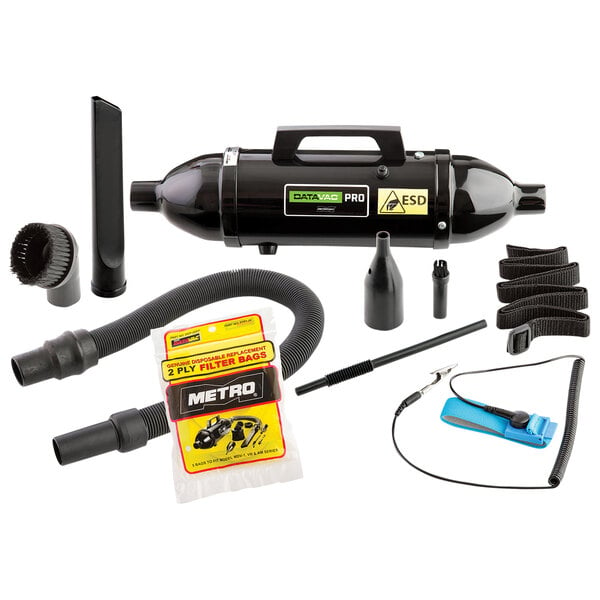 A MetroVac DataVac Pro handheld vacuum cleaner with hose and accessories.