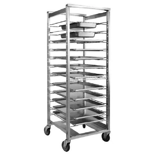 A Cres Cor metal utility rack with trays on a rack.