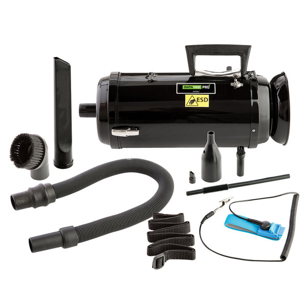 A black MetroVac DataVac handheld canister vacuum cleaner with accessories and tools.
