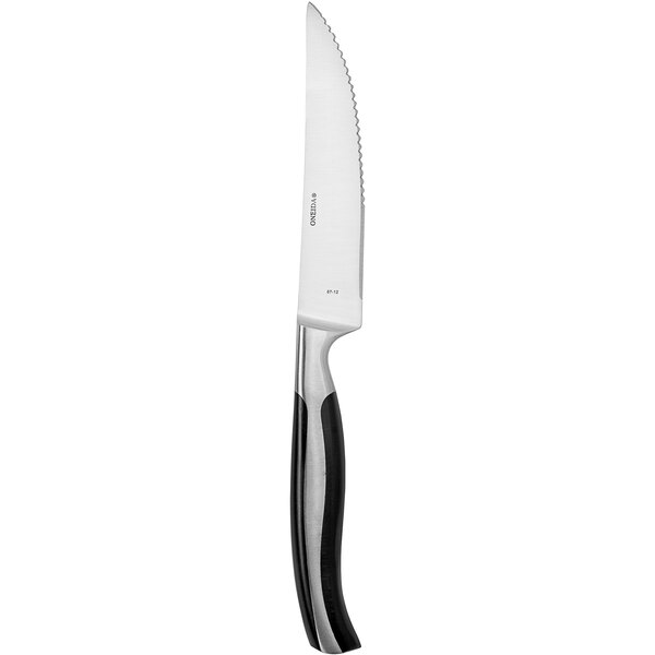 A Oneida stainless steel steak knife with a black handle.