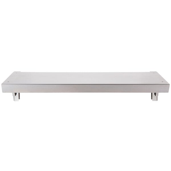 A stainless steel rectangular shelf with legs.