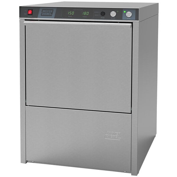 A silver stainless steel Moyer Diebel undercounter dishwasher with buttons and dials.