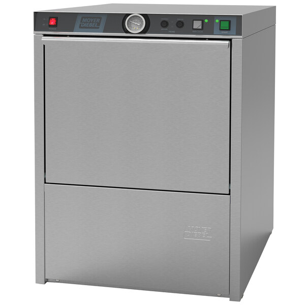A silver Moyer Diebel undercounter dishwasher with buttons and dials.