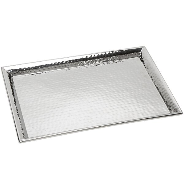 A silver rectangular American Metalcraft hammered stainless steel tray.