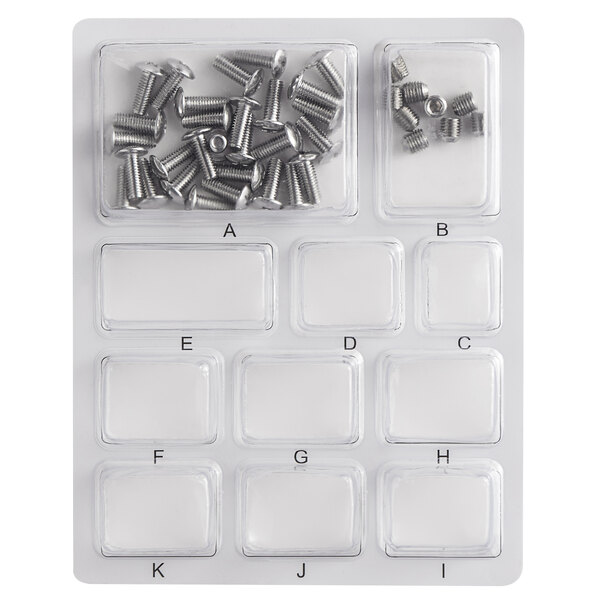 A white rectangular plastic container with a black handle filled with screws.