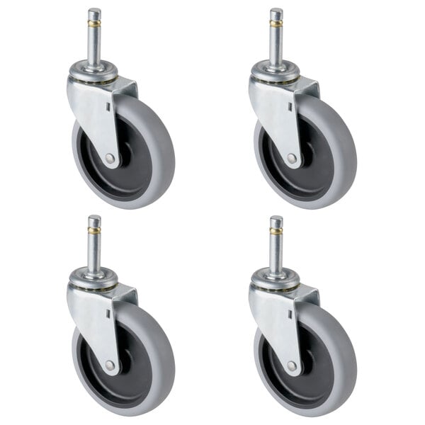 A set of four black and grey swivel stem caster wheels.