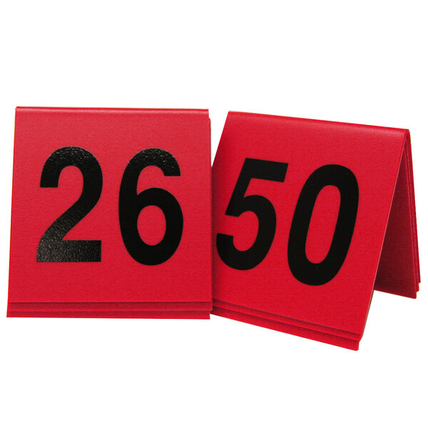 Two red cards with black numbers on a white background.
