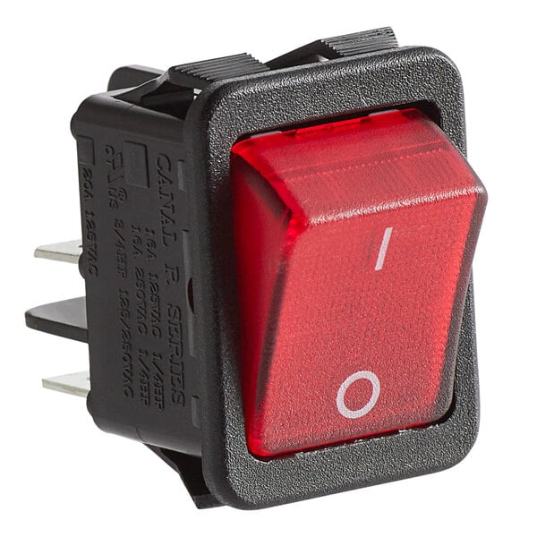 A close-up of a red Estella Caffe power switch with white text.
