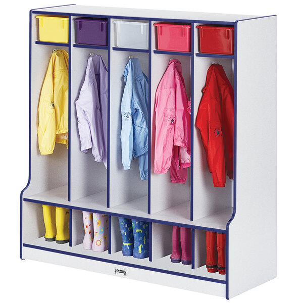 A white and blue Rainbow Accents coat locker with different colored coats and boots.