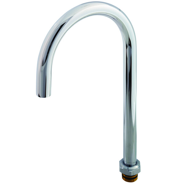 A chrome T&S Big Flo swivel gooseneck faucet nozzle with plain tip.