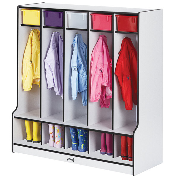 A Rainbow Accents black and gray laminate coat locker filled with different colored coats and boots.