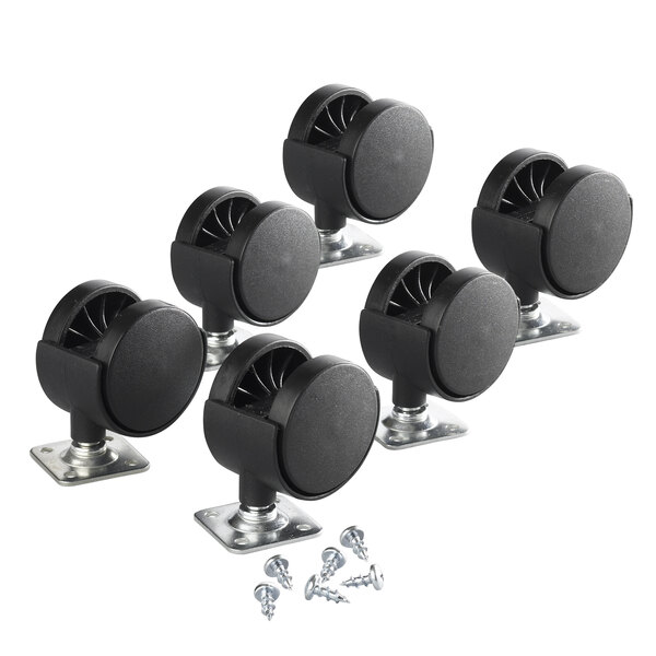 A set of four black Young Time caster wheels with screws.