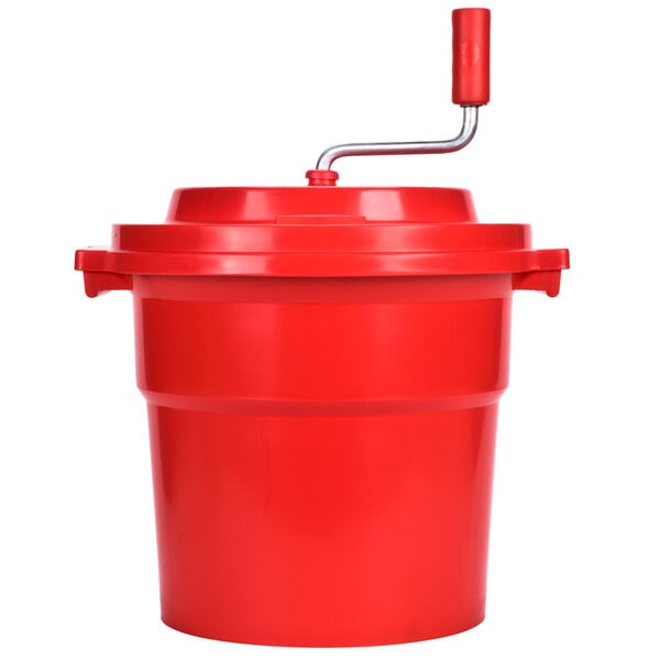 A red plastic bucket with a handle and a silver spinner inside.