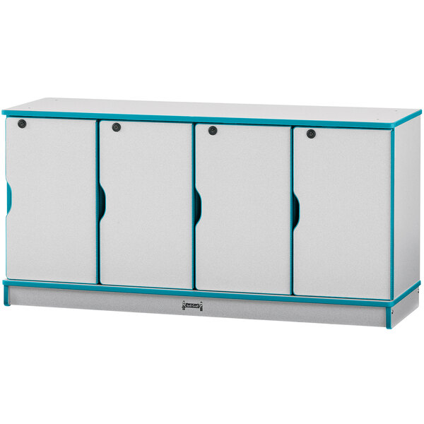 A white and teal Rainbow Accents classroom locker with four doors.