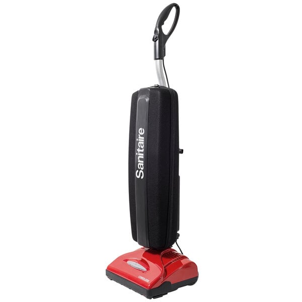 A red and black Sanitaire QUICKBOOST cordless upright vacuum cleaner with a handle.