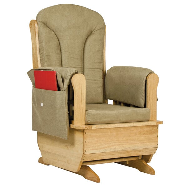 A Jonti-Craft wooden glider rocker with an olive green book in the pocket.