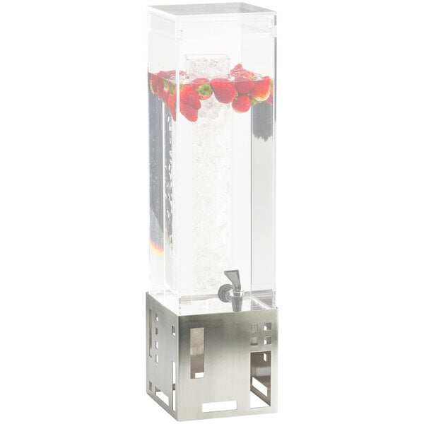 A Cal-Mil stainless steel base for a beverage dispenser with strawberries in it.