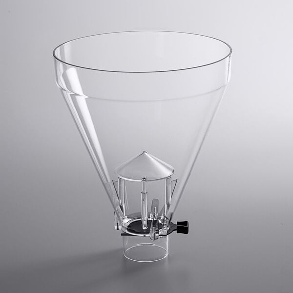 A clear glass funnel with a black base and metal cap.