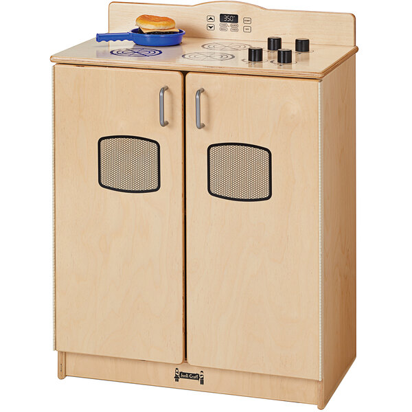 A Jonti-Craft wooden toy kitchen with a stove top and two drawers.