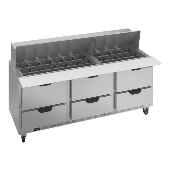 A Beverage-Air Mega Top Refrigerated Sandwich Prep Table with six drawers.