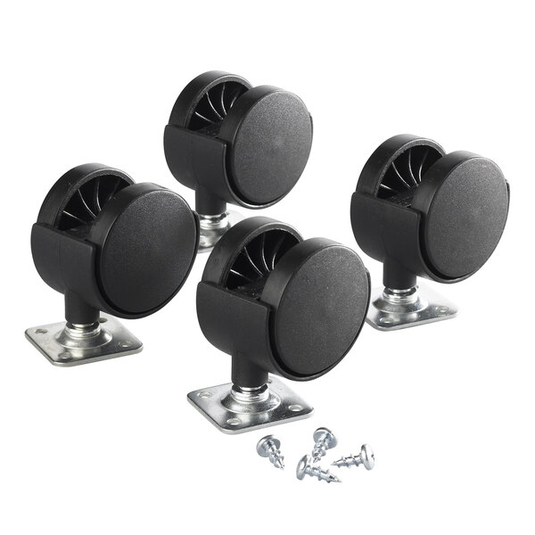 A group of four black Young Time caster wheels with screws.