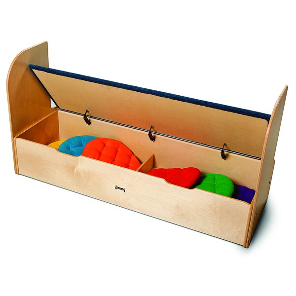 A Jonti-Craft wooden storage step with colorful toys inside.