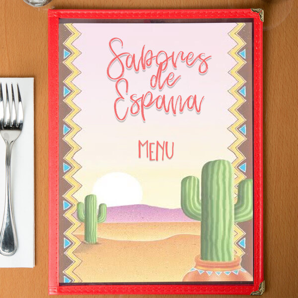 Menu with a Southwest themed cactus design on a table.