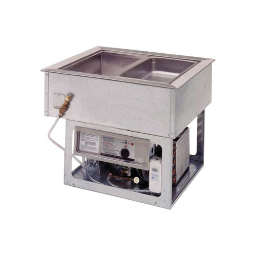 A Wells stainless steel drop-in dual temp well with a pan of hot water in one compartment and cold water in the other.