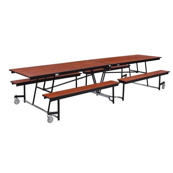 A National Public Seating 10 foot mobile cafeteria table with benches.