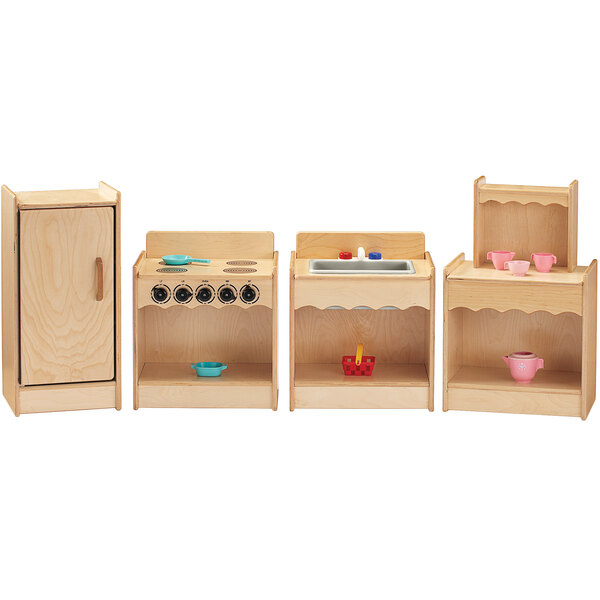 A Jonti-Craft wooden toy kitchen set with a stove, oven, and sink.