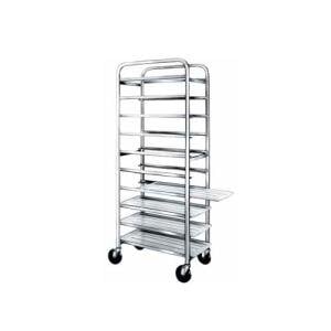 A Winholt stainless steel platter cart with four shelves holding trays.